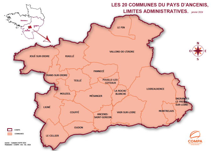 Carte de situation et limites communales du Pays d'Ancenis