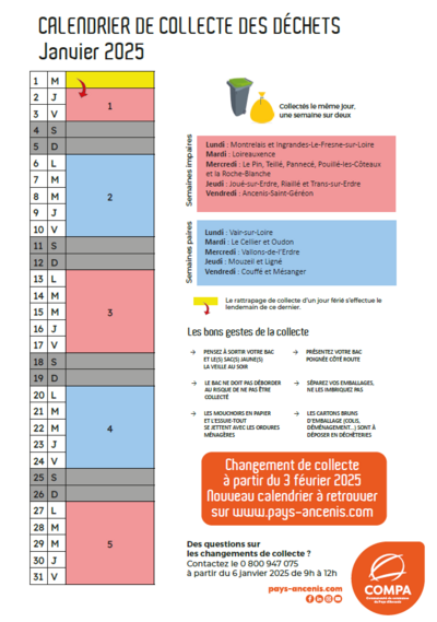 Calendrier de collecte des déchets janvier 2025