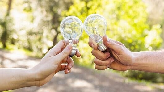 Deux ampoules tenues par deux mains dans une forêt